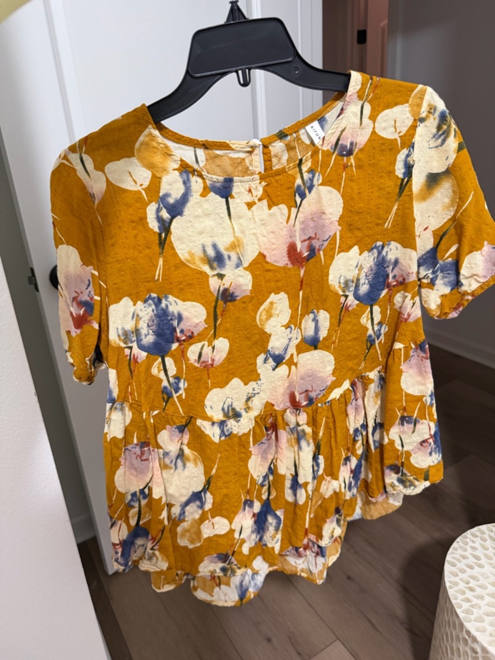 Mustard Floral Short-Sleeve Peplum Top